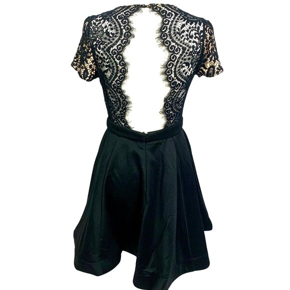 Fit & Flare Black Scallop Lace Mini Cocktail Dress Plunging Back Size M Windsor - Picture 6 of 11
